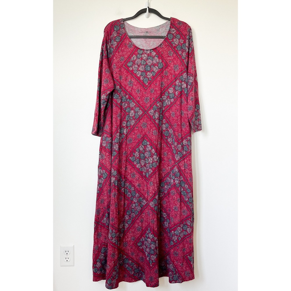 NEW Natural Life Lottie Sweater Knit Maxi Dress Batik Bandana Print Maroon XL